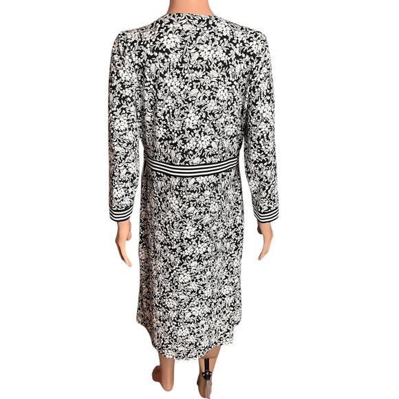 Talbots Black White Faux Wrap Knit Dress Large Striped Belt/Cuffs Slinky Stretch - Picture 4 of 6